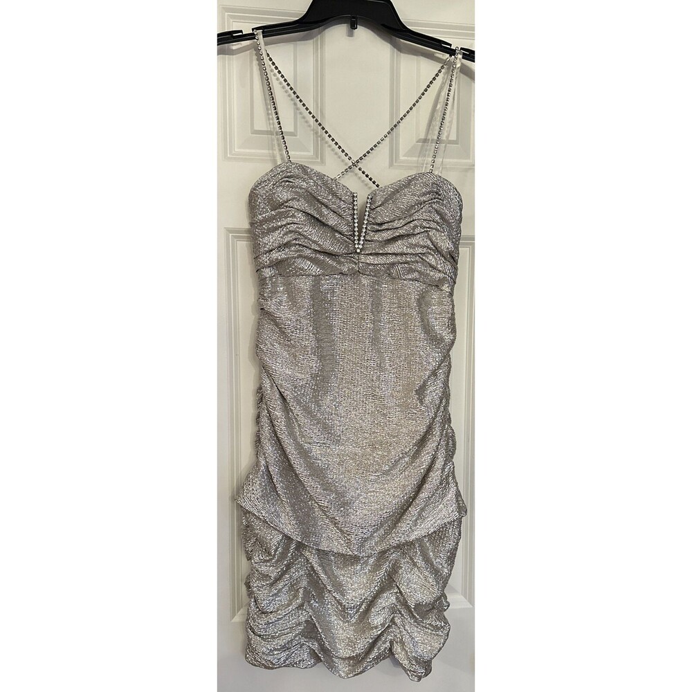 Arden B Vintage Glitter Dress L Large Gold Silver Ruffles Rhinestone Straps